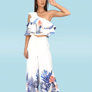 Conjunto blusa volado azul y blanco